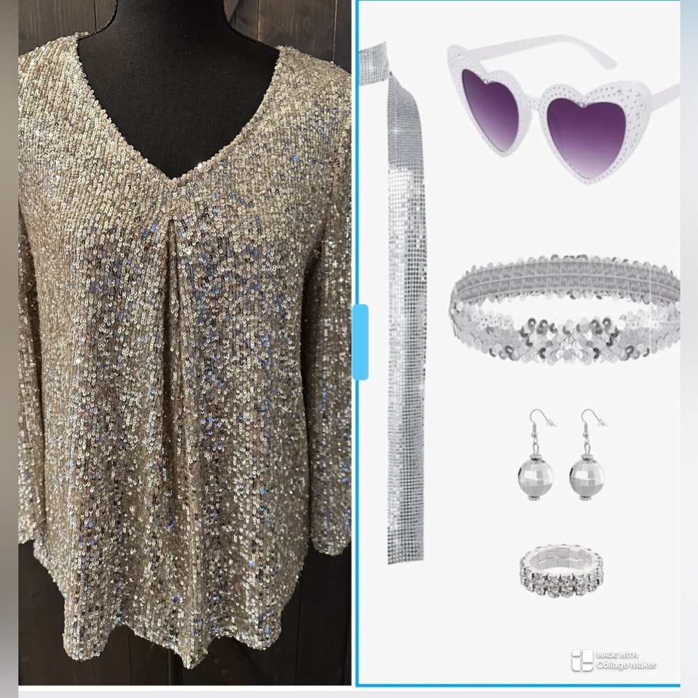Cable & Gauge Silver Sequin Cold Shoulder Blouse W/ Accessories - Size M